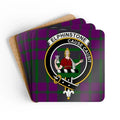 Clan Elphinstone tartan coaster set — square cork, full-colour crest print, top view