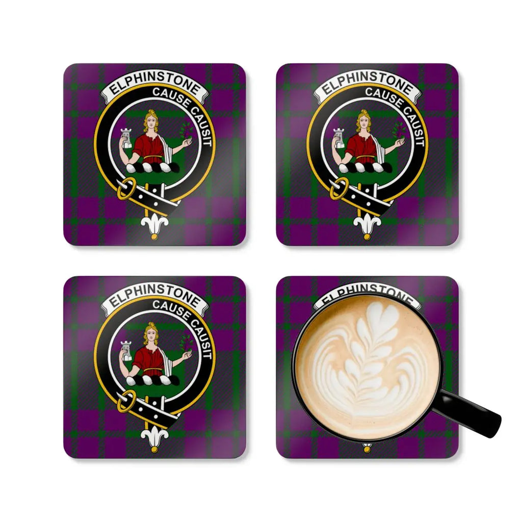 Elphinstone Scottish clan crest coasters — glossy finish showing tartan and motto Cause Causit