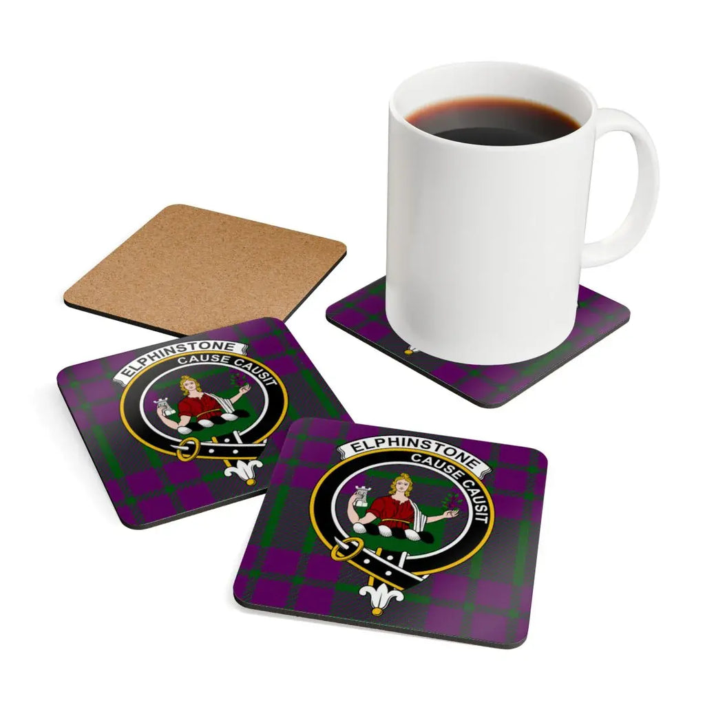 Clan Elphinstone cork coaster close-up — crest design on tartan, 3.75 inch square