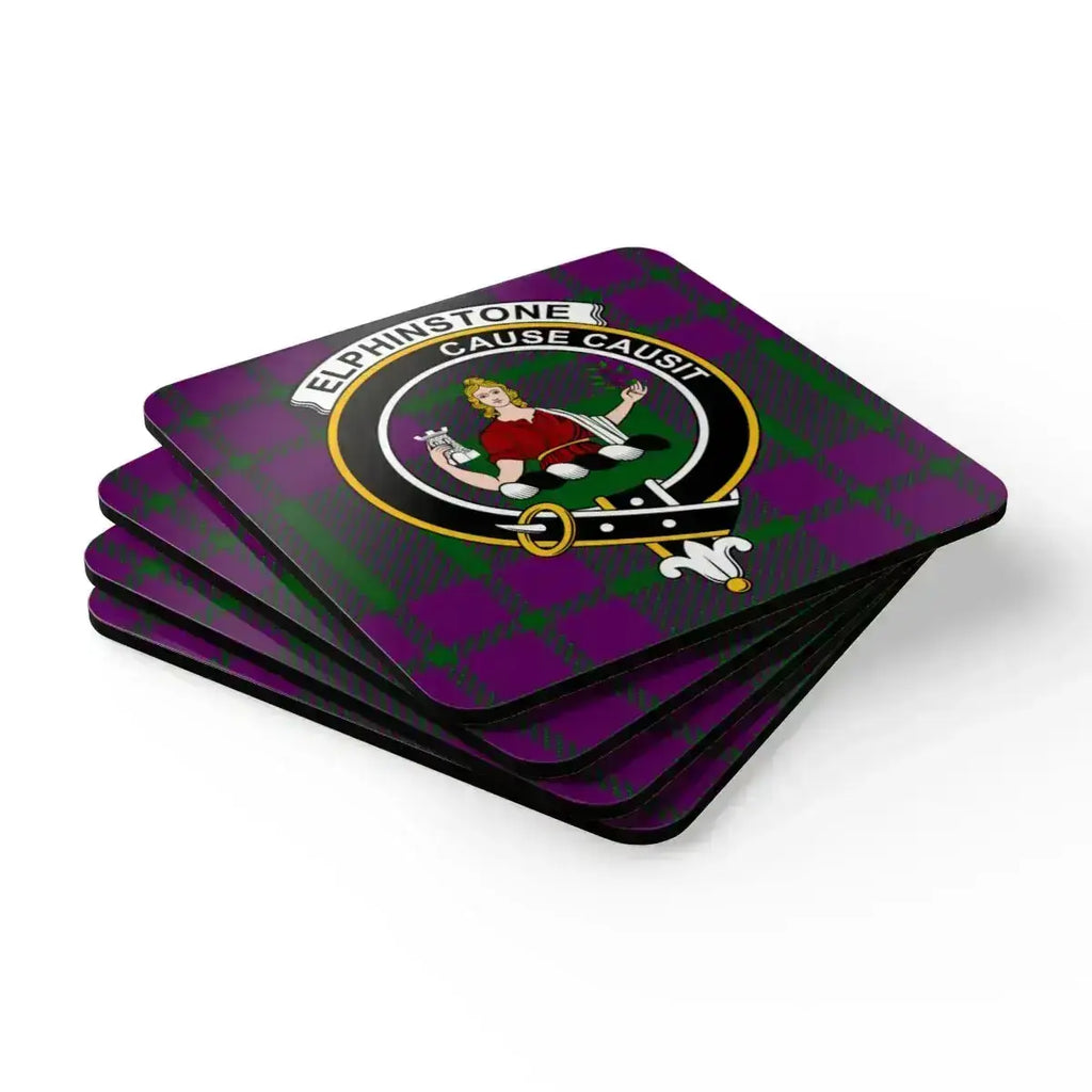 Elphinstone coaster set angled view — natural cork base, full-colour clan tartan and crest print