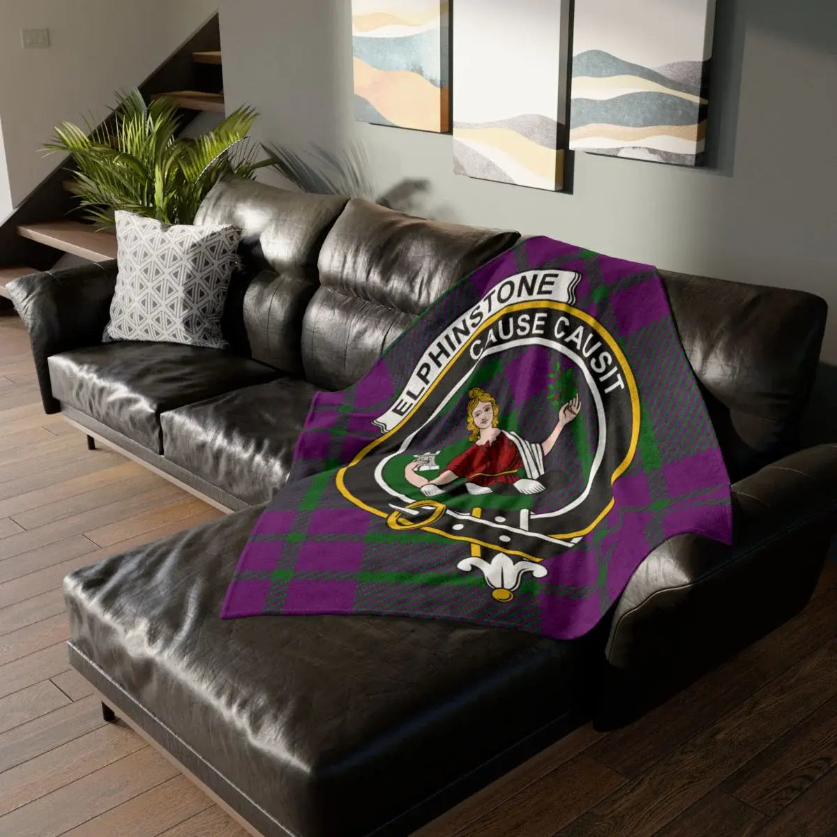 Clan Elphinstone tartan throw blanket — 50x60 printed polyester, crest and motto Cause Causit on front