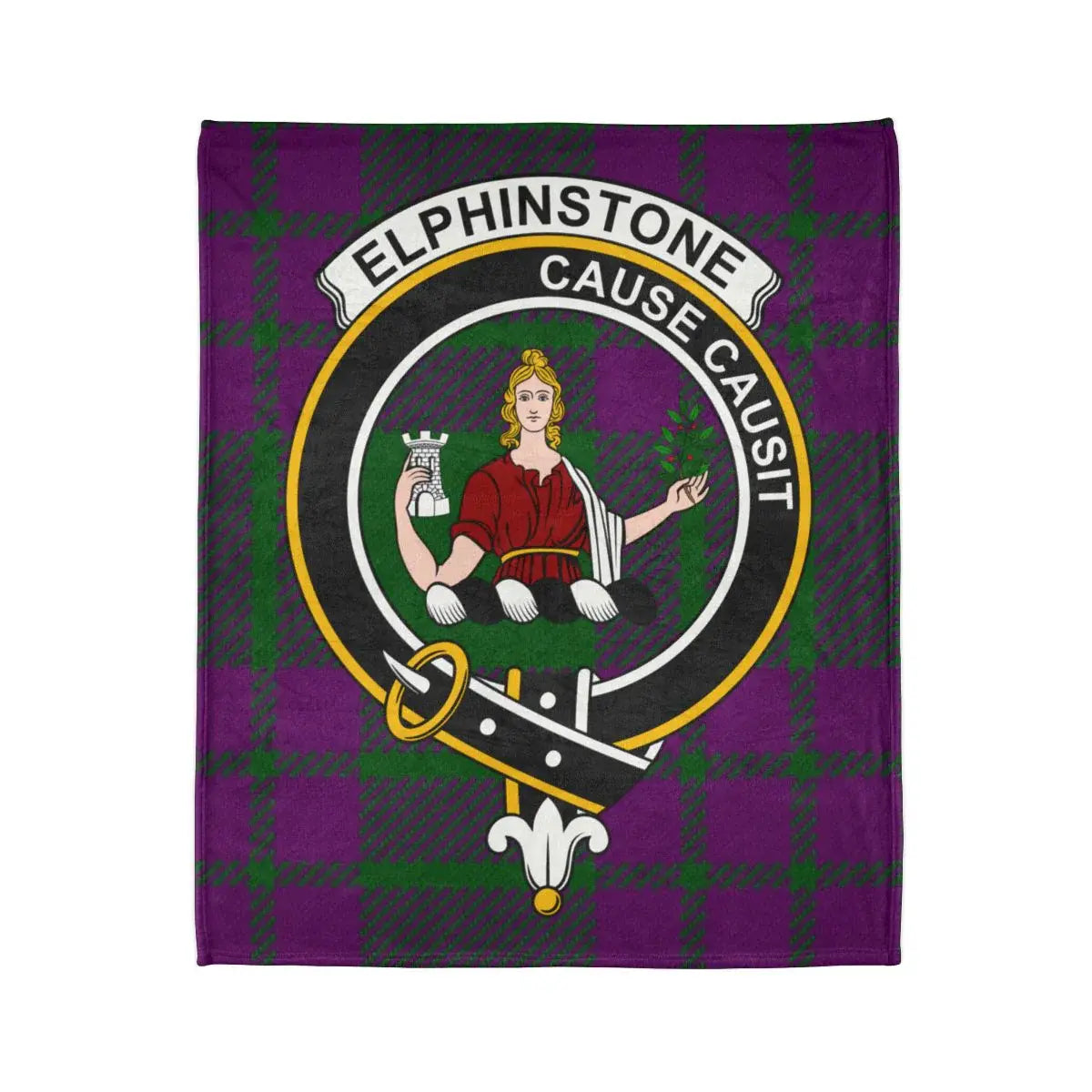 Elphinstone tartan throw blanket close-up — clan crest and motto Cause Causit in full colour