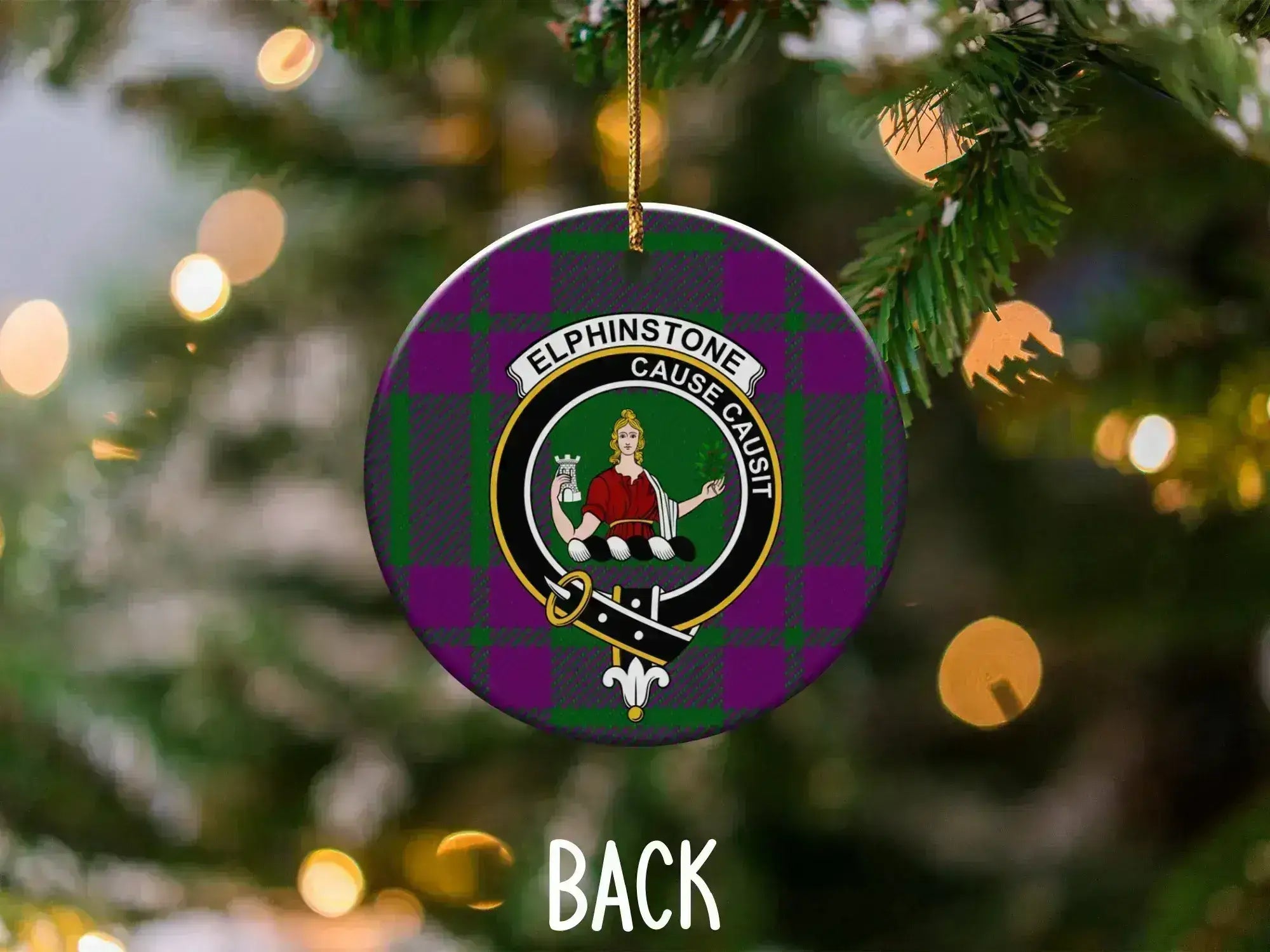 Elphinstone tartan ceramic ornament — 3 inch double-sided, clan crest and motto Cause Causit