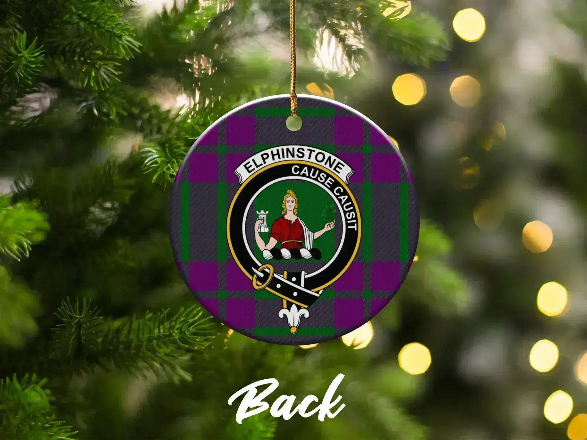 Clan Elphinstone Christmas ornament close-up — round ceramic, pre-drilled hole, tartan design