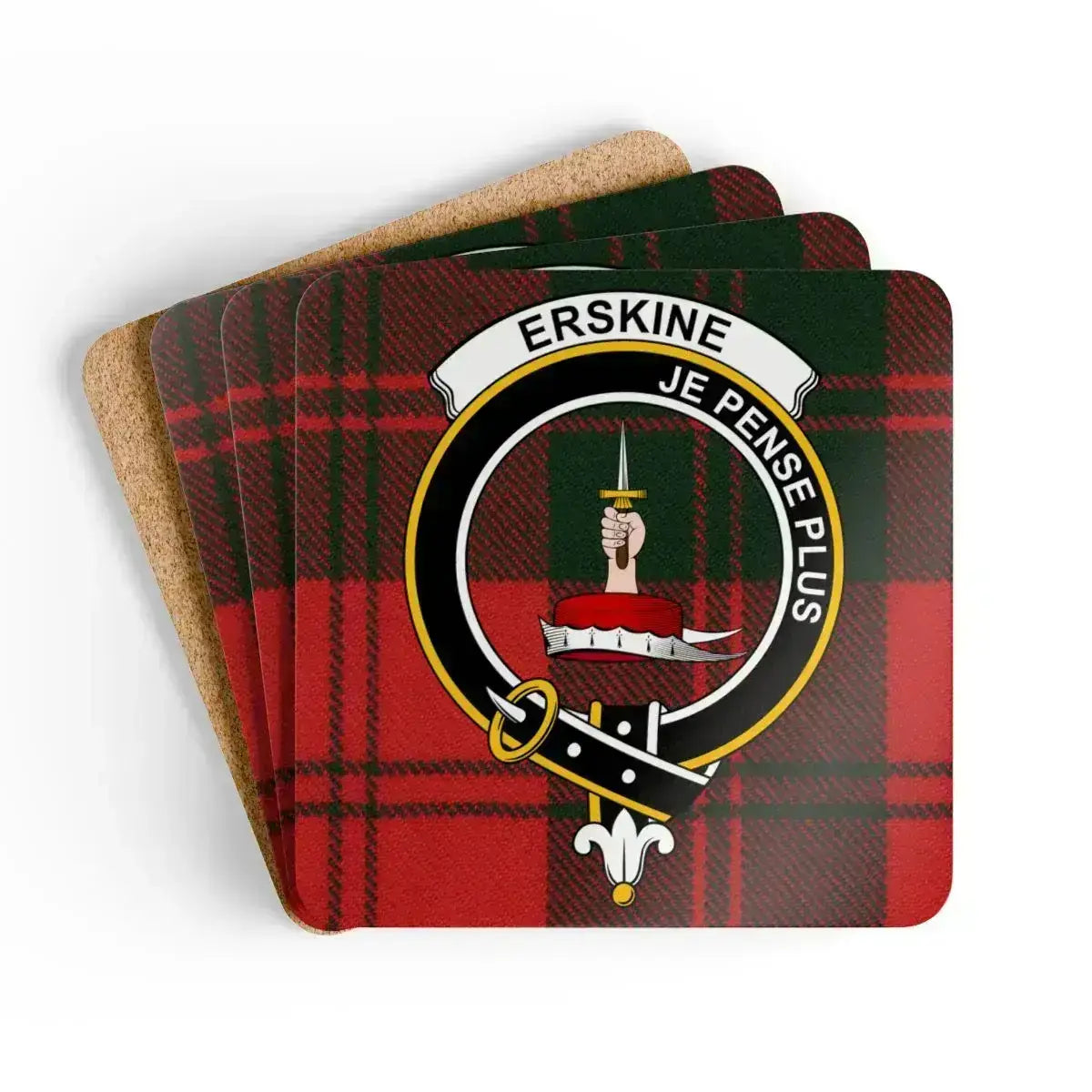 Clan Erskine tartan coaster set — square cork, full-colour crest print, top view