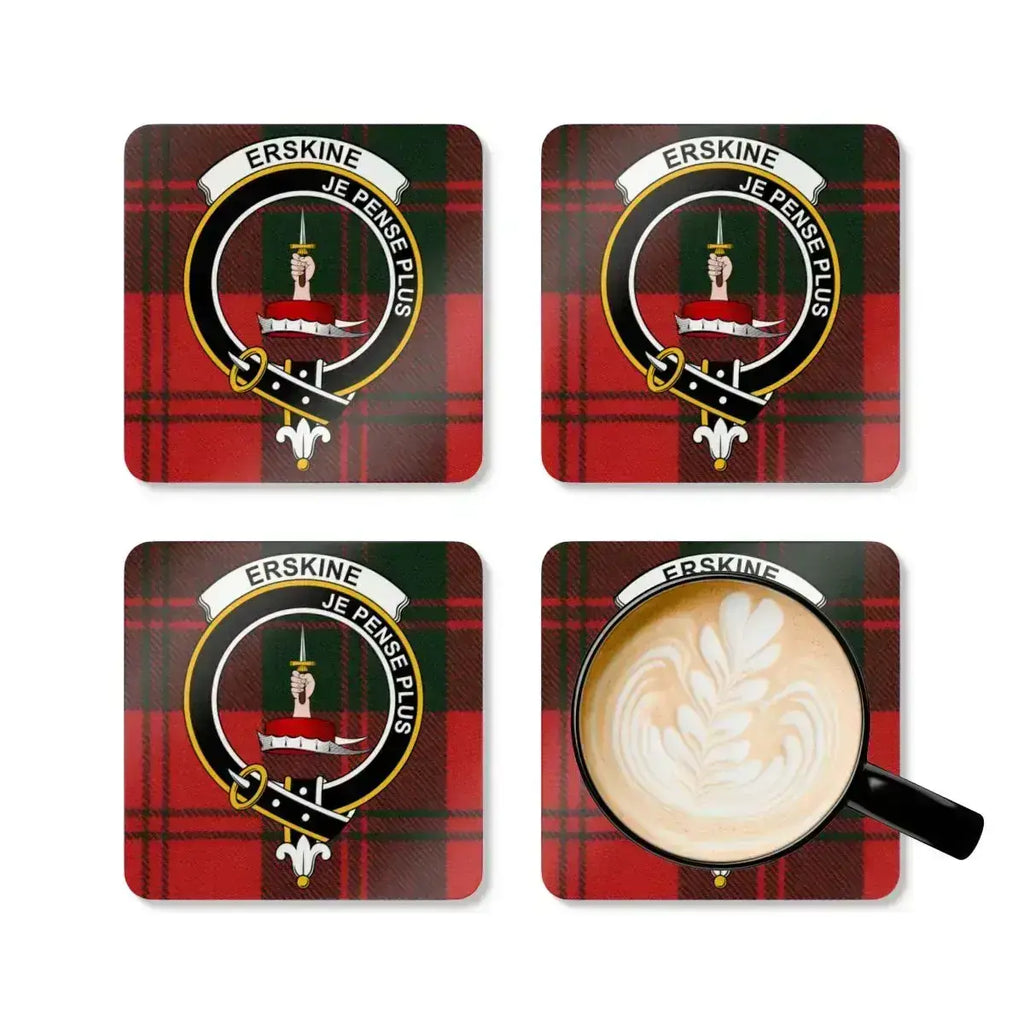 Erskine Scottish clan crest coasters — glossy finish showing tartan and motto Je Pense Plus