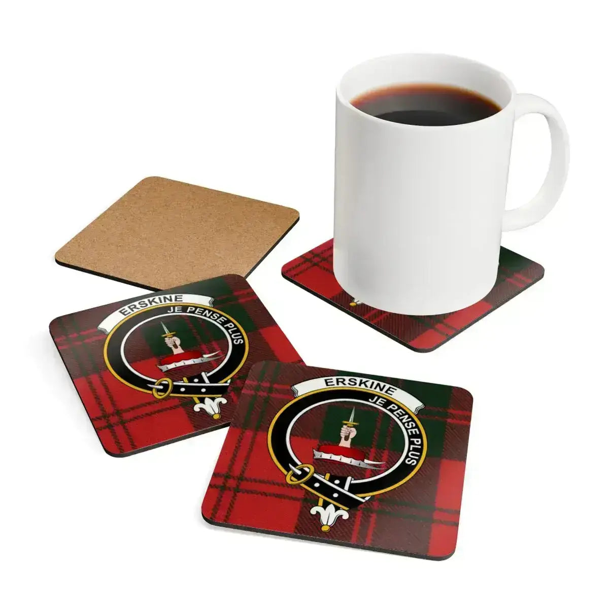 Clan Erskine cork coaster close-up — crest design on tartan, 3.75 inch square