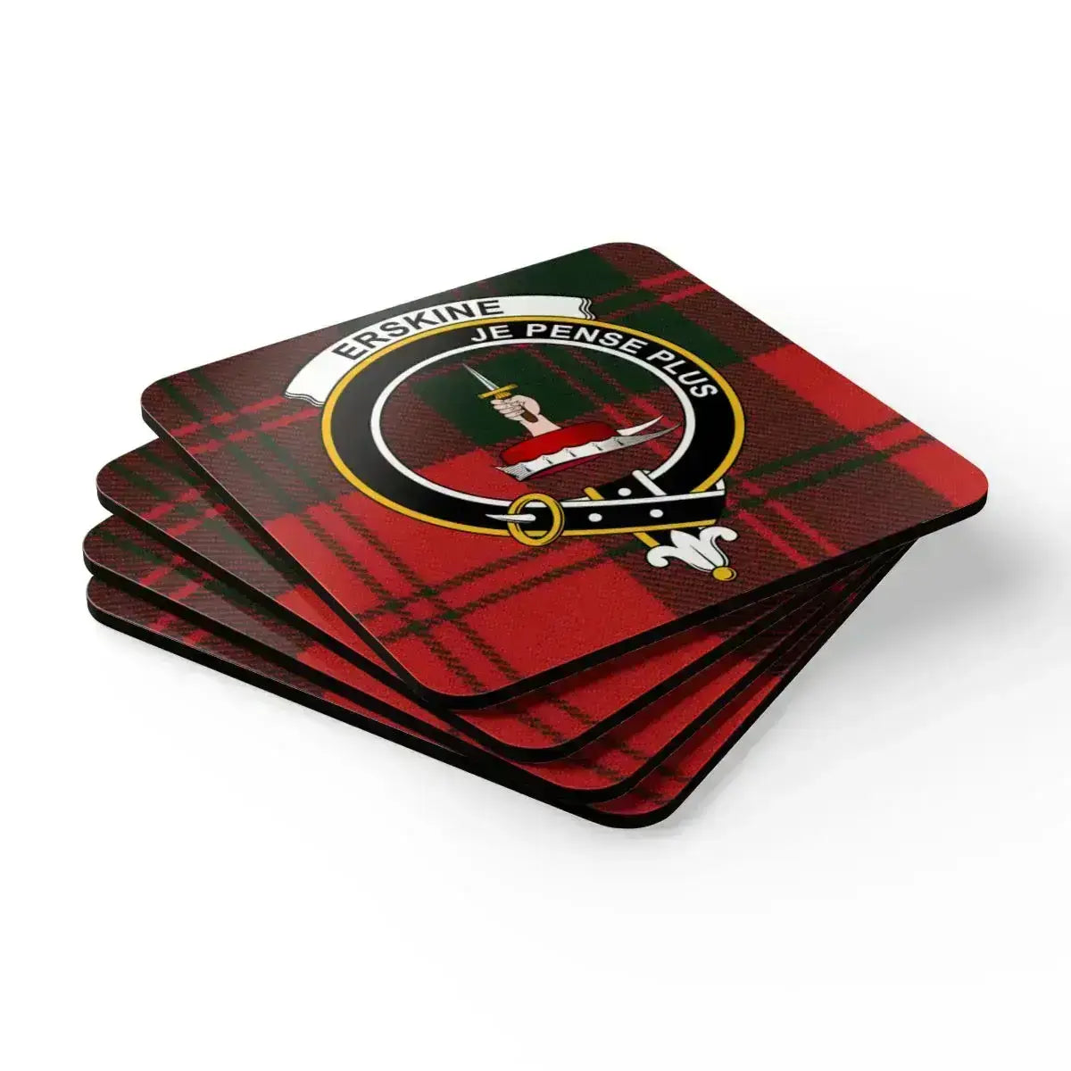 Erskine coaster set angled view — natural cork base, full-colour clan tartan and crest print