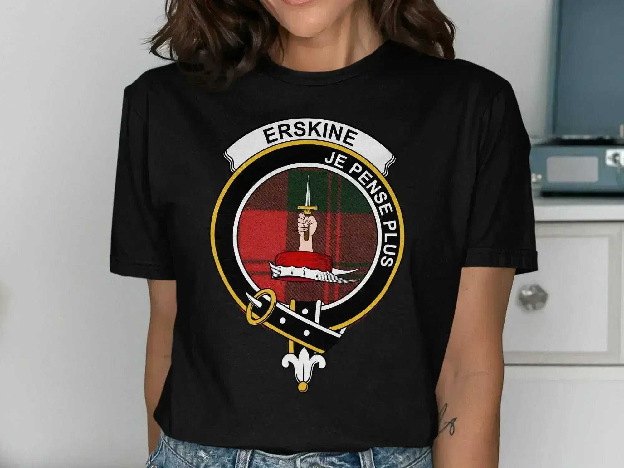 Erskine clan crest t-shirt in forest green — front print showing crest detail, S to 3XL