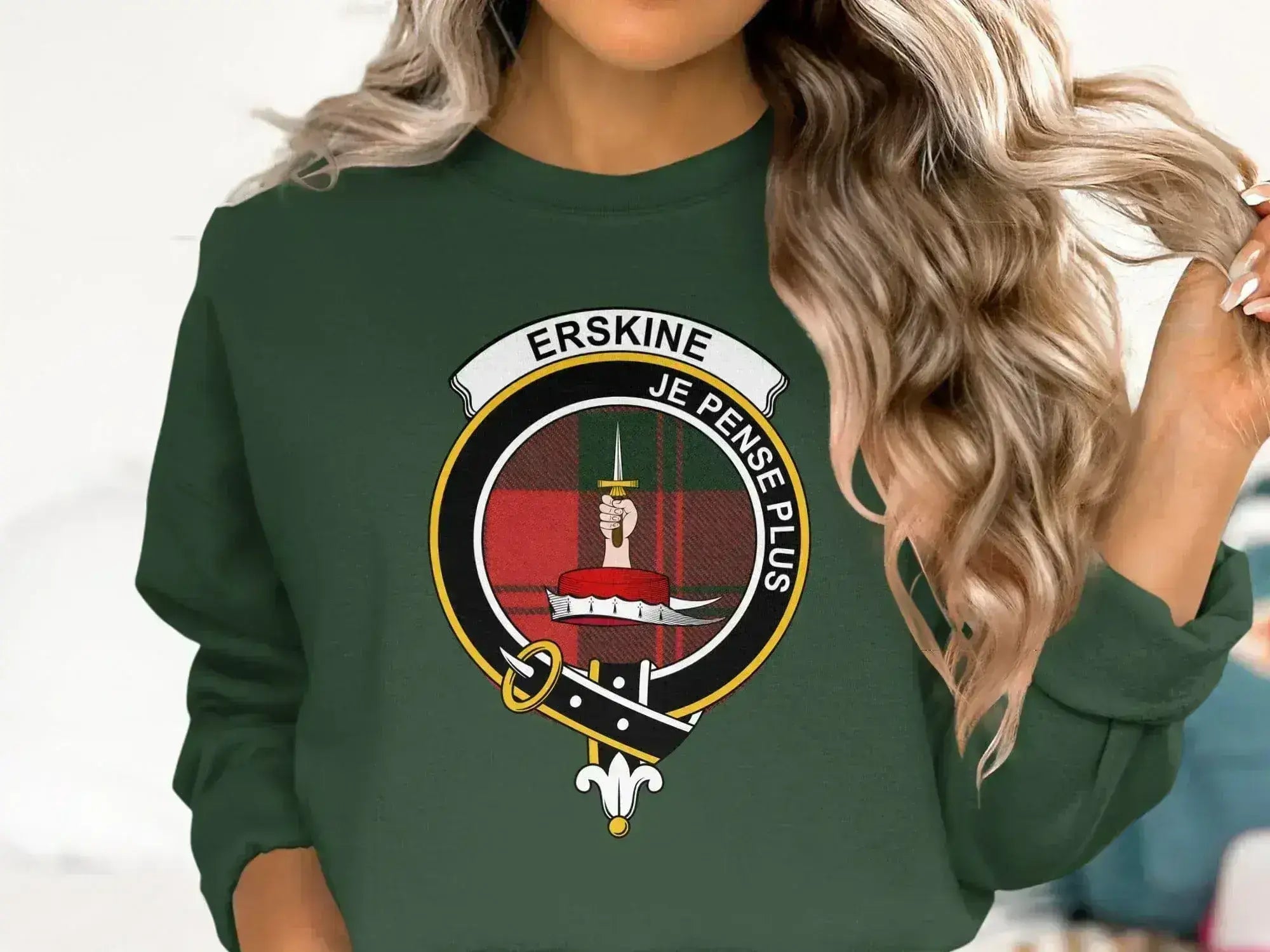 Clan Erskine crest sweatshirt in navy — crewneck fleece, printed clan crest and tartan
