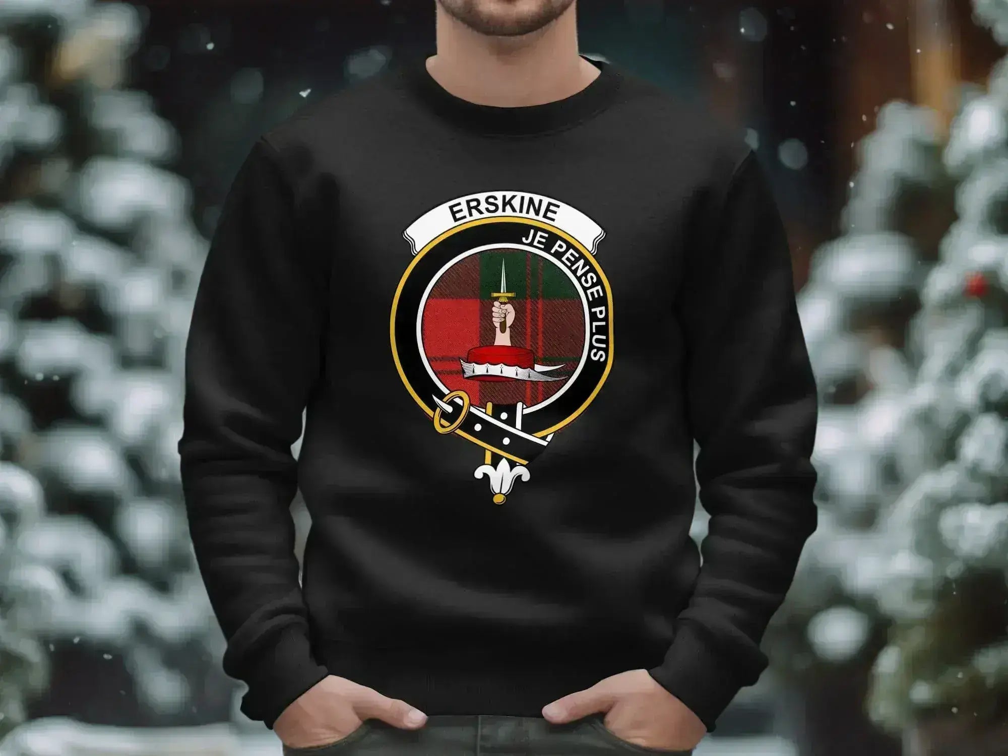 Erskine Scottish clan sweatshirt in black — ribbed cuffs, fleece interior, front print