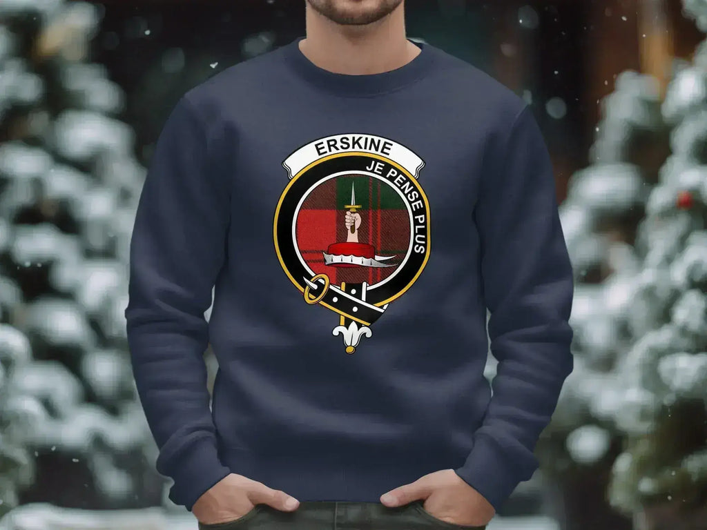 Erskine clan crest crewneck sweatshirt in royal blue — heavyweight fleece, S to 3XL