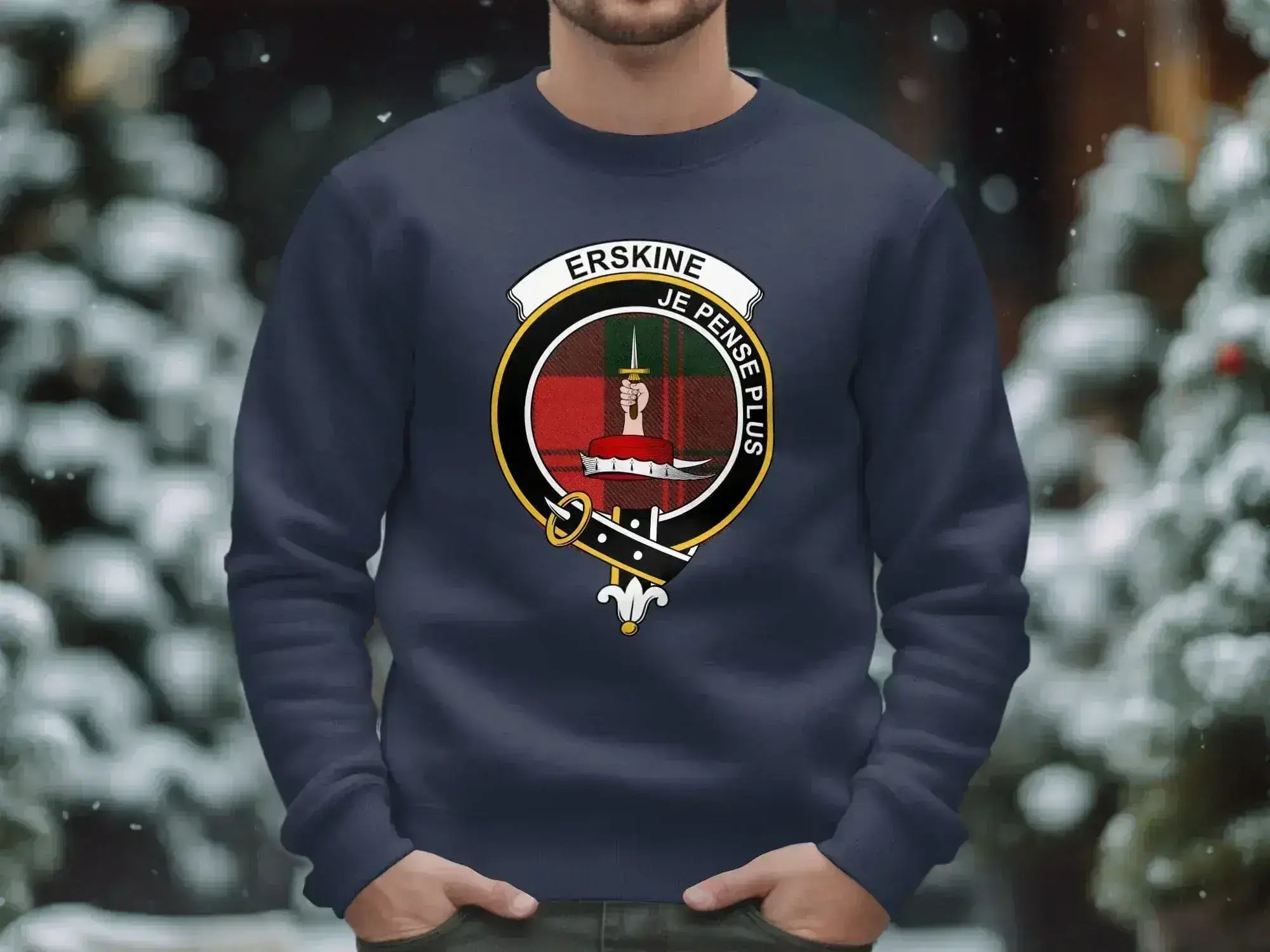 Erskine clan crest crewneck sweatshirt in royal blue — heavyweight fleece, S to 3XL