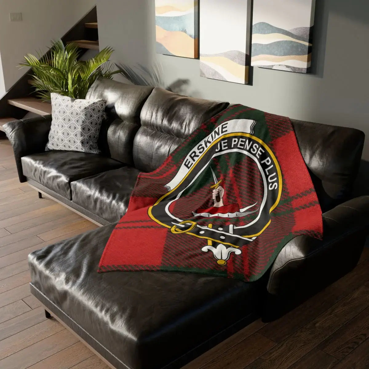 Clan Erskine tartan throw blanket — 50x60 printed polyester, crest and motto Je Pense Plus on front