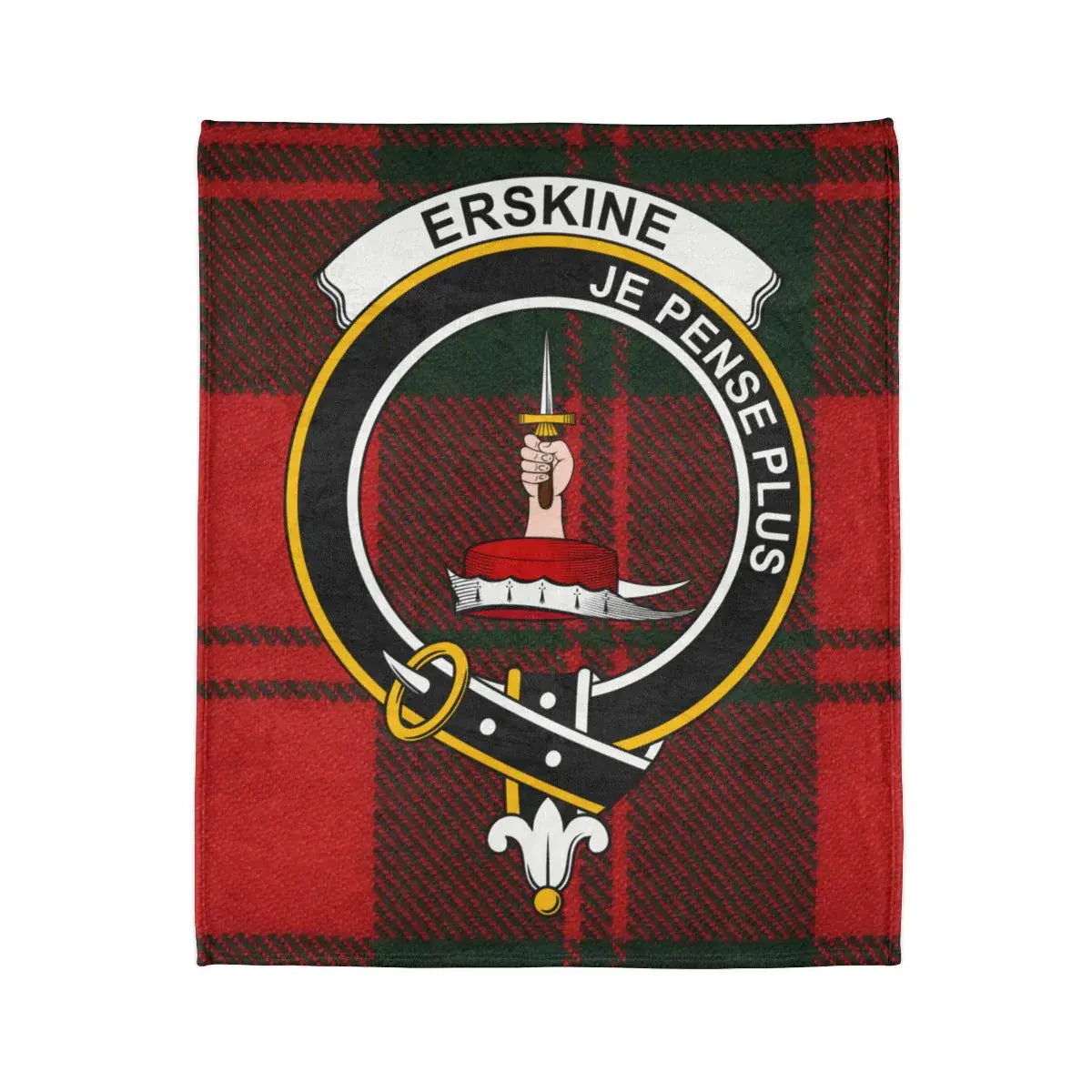 Erskine tartan throw blanket close-up — clan crest and motto Je Pense Plus in full colour