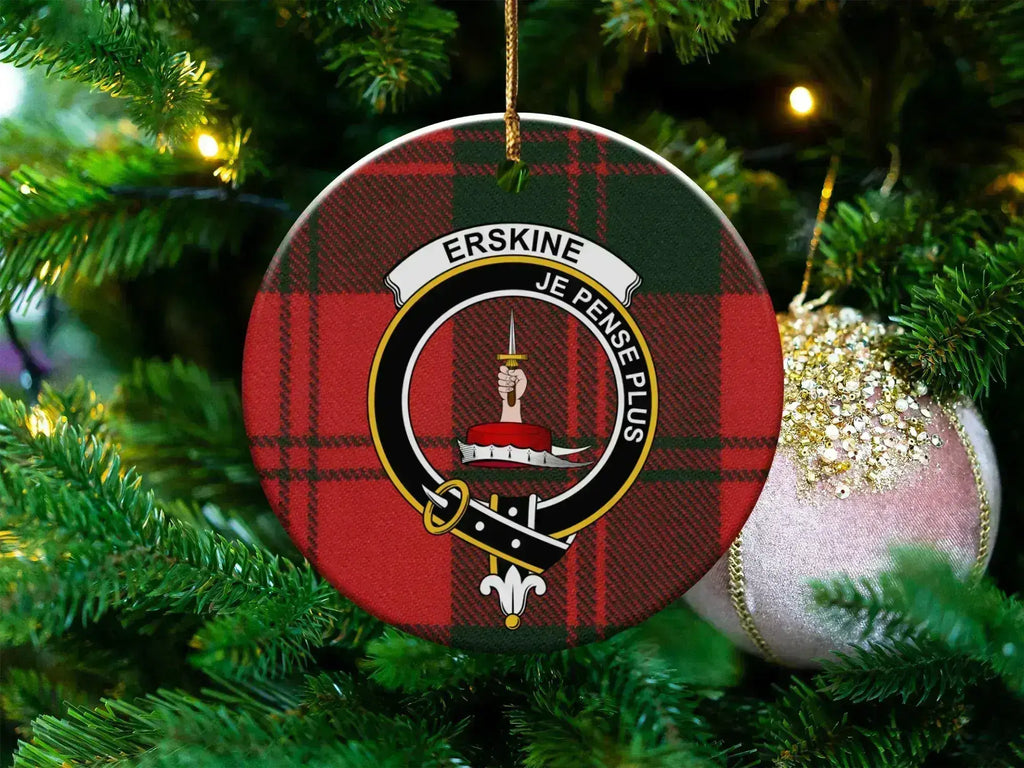 Clan Erskine round ceramic ornament — front view showing crest and tartan with gold hanging string