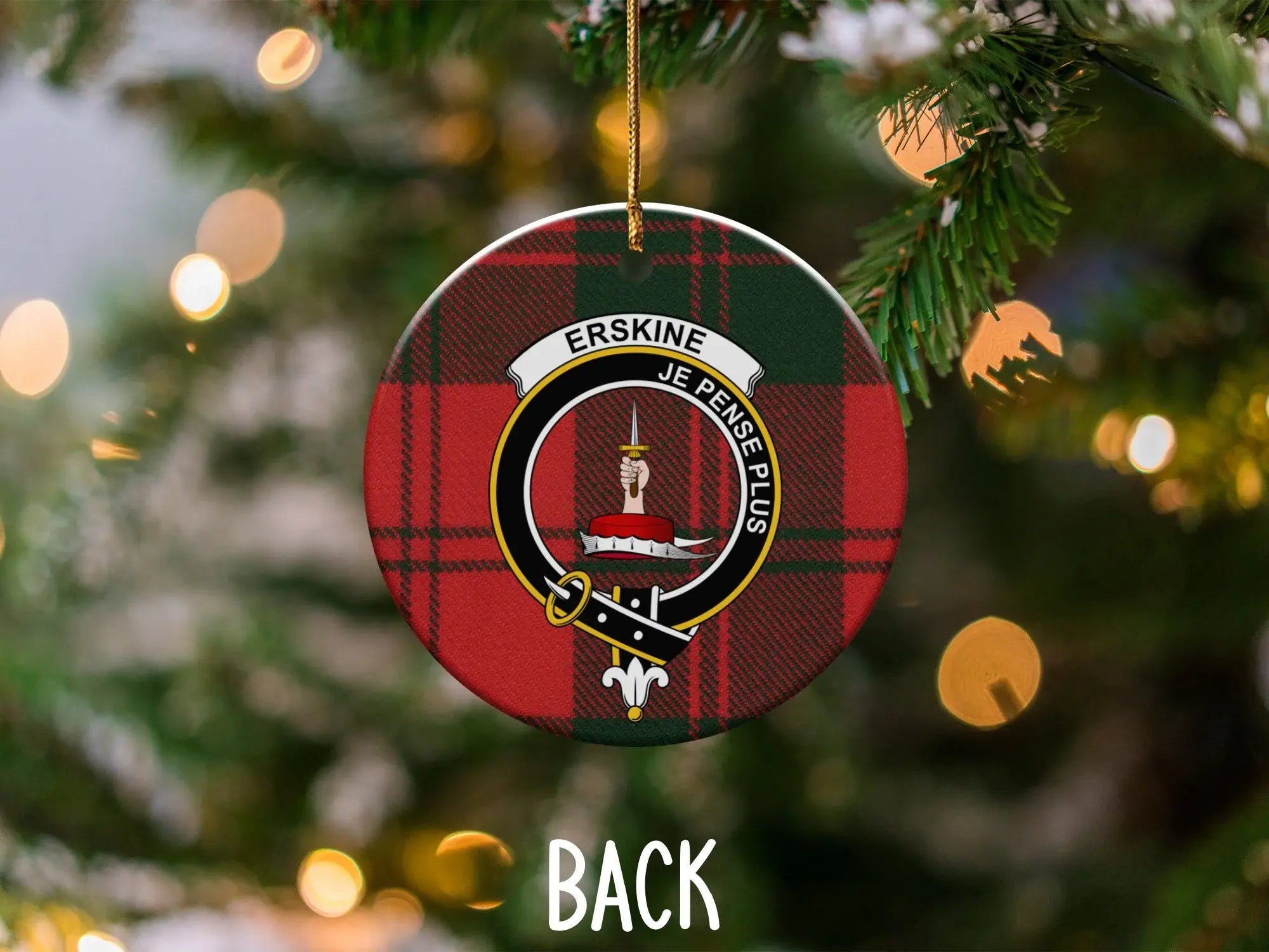 Erskine tartan ceramic ornament — 3 inch double-sided, clan crest and motto Je Pense Plus