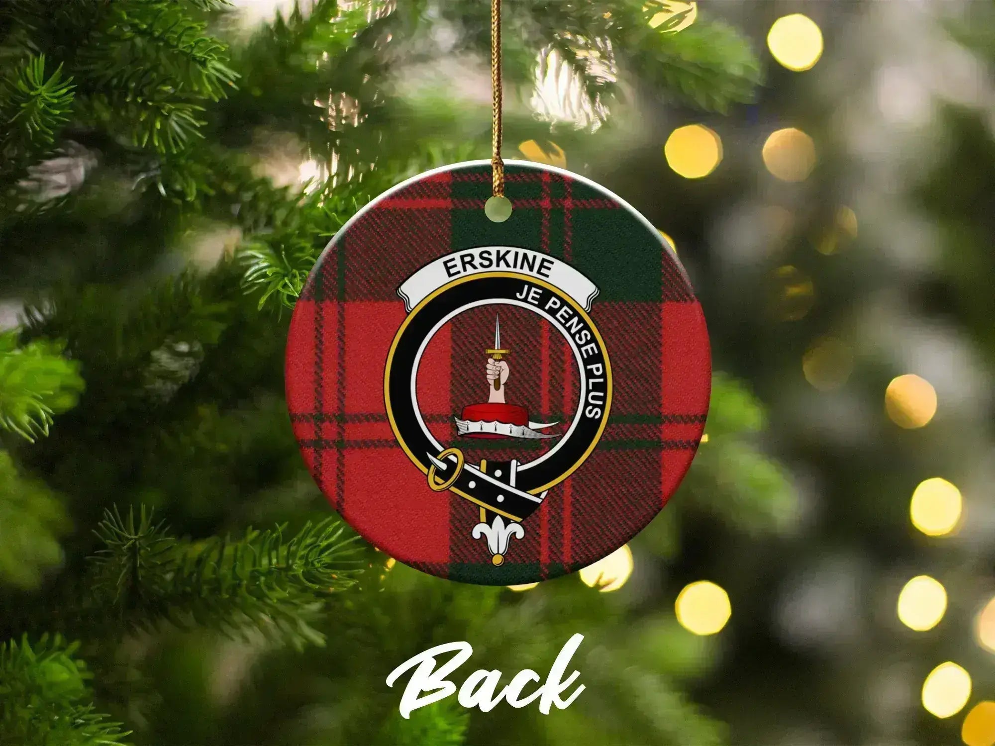 Clan Erskine Christmas ornament close-up — round ceramic, pre-drilled hole, tartan design