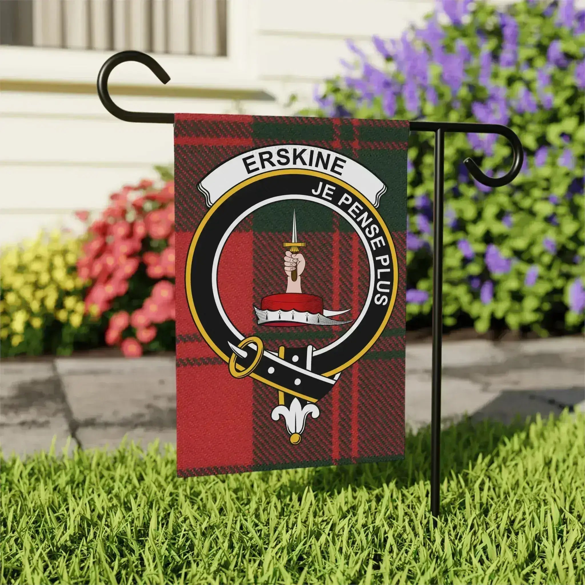Erskine Scottish clan crest garden flag in 24.5x32 size — poly poplin-canvas, outdoor display