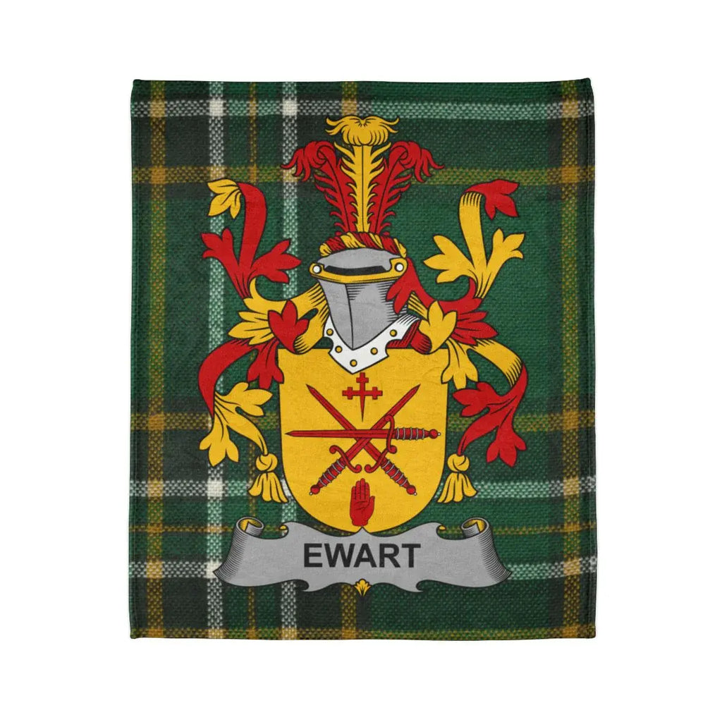 Ewart Family Crest Coat of Arms on Tartan Background Blanket
