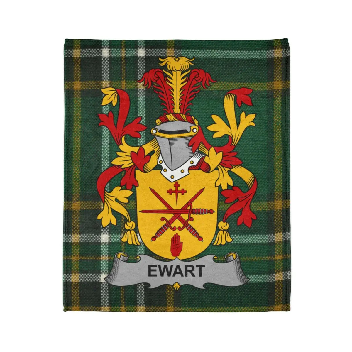 Ewart Family Crest Coat of Arms on Tartan Background Blanket