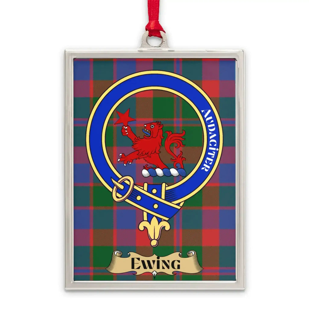 Ewing tartan-background crest ornament shown as a Scottish heritage keepsake gift