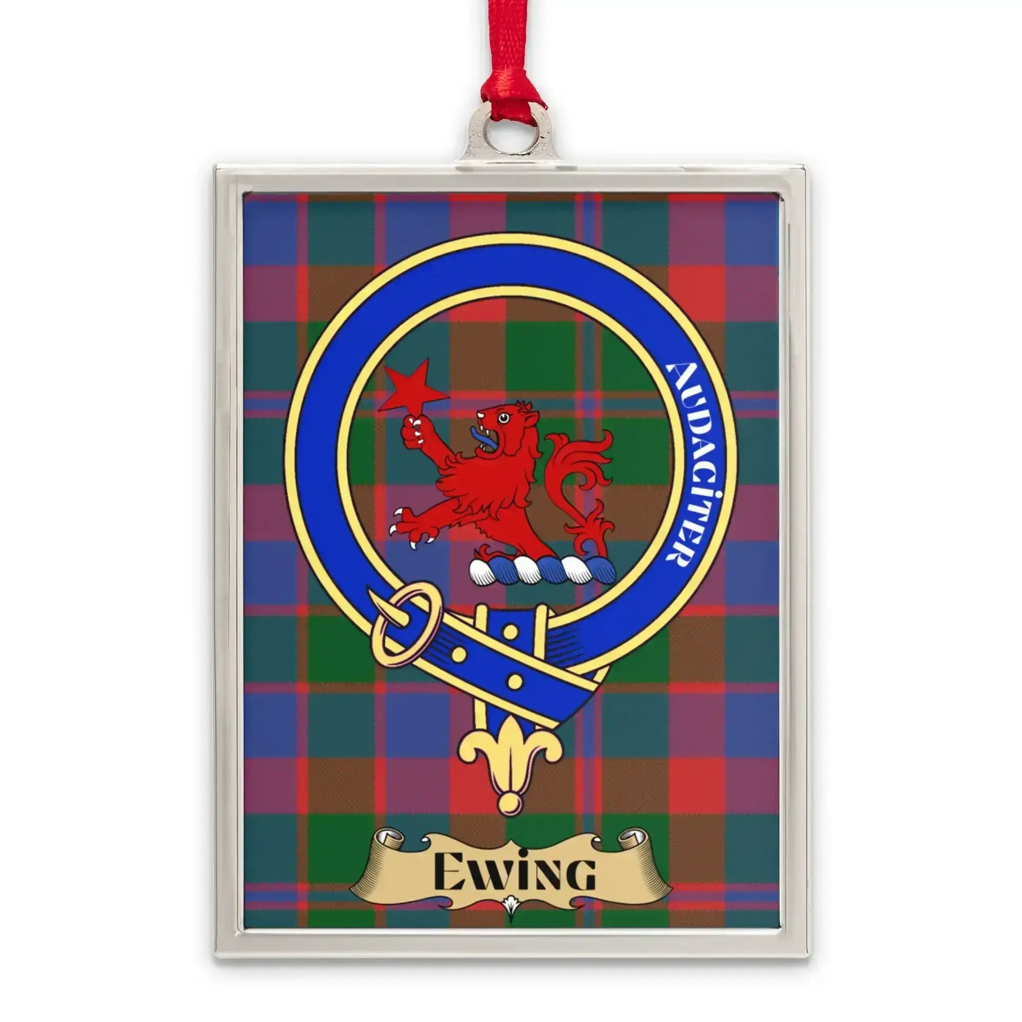 Ewing tartan-background crest ornament shown as a Scottish heritage keepsake gift