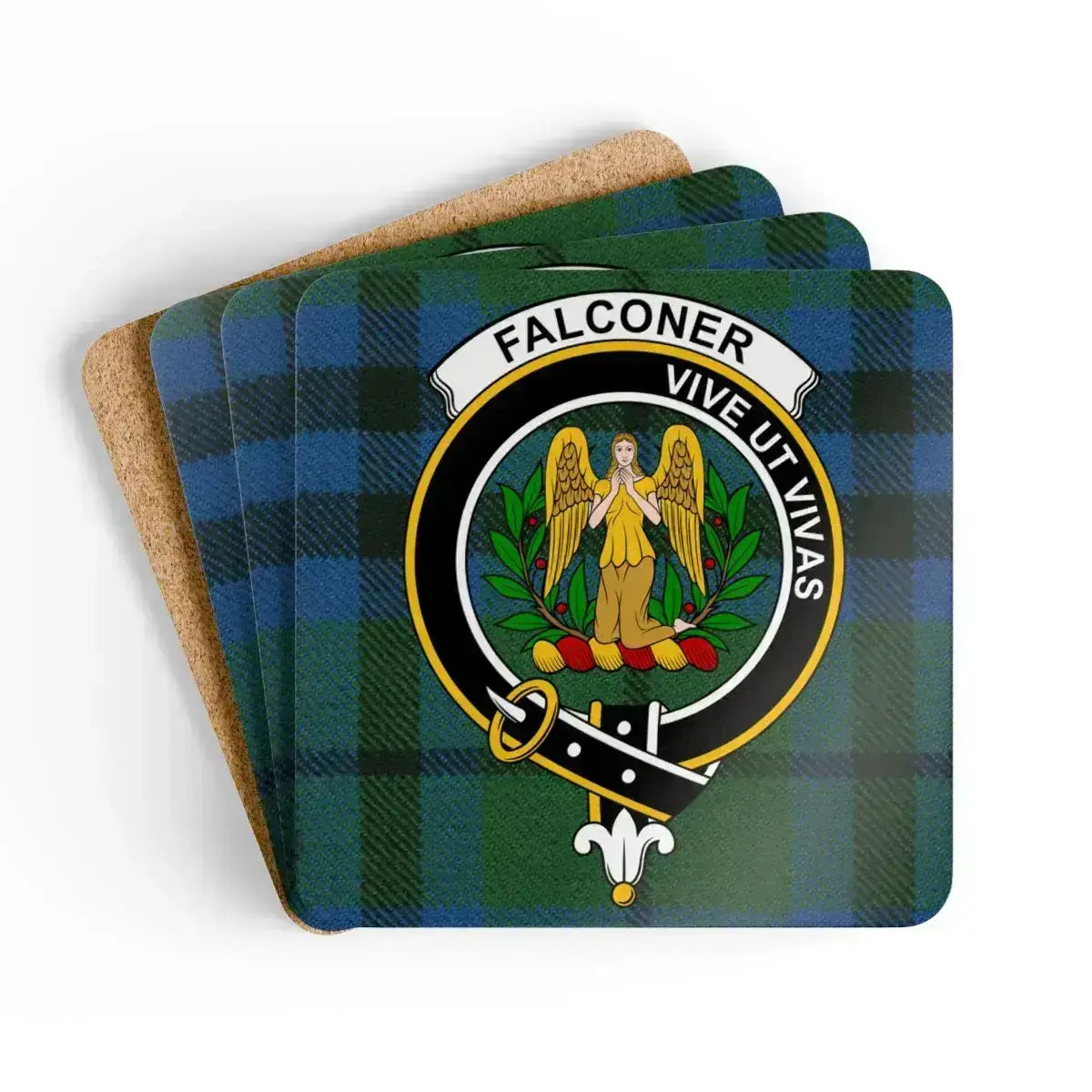 Clan Falconer tartan coaster set — square cork, full-colour crest print, top view