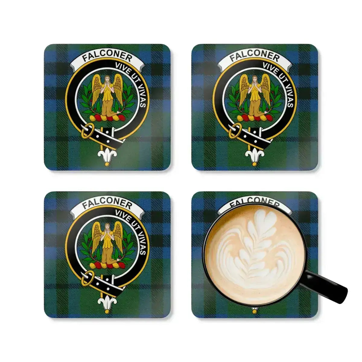Falconer Scottish clan crest coasters — glossy finish showing tartan and motto Vive Ut Vivas