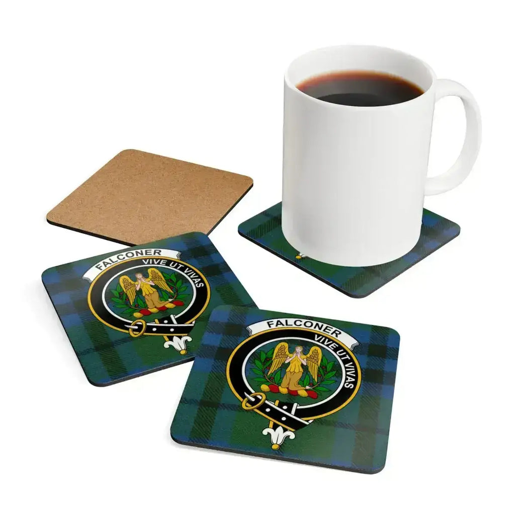 Clan Falconer cork coaster close-up — crest design on tartan, 3.75 inch square
