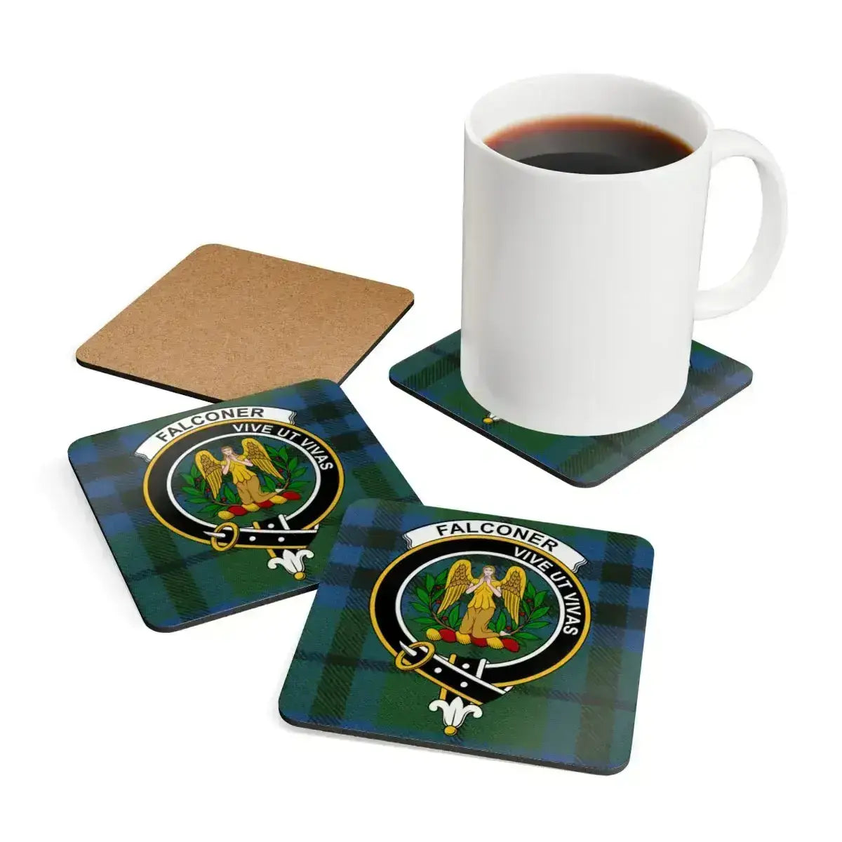 Clan Falconer cork coaster close-up — crest design on tartan, 3.75 inch square