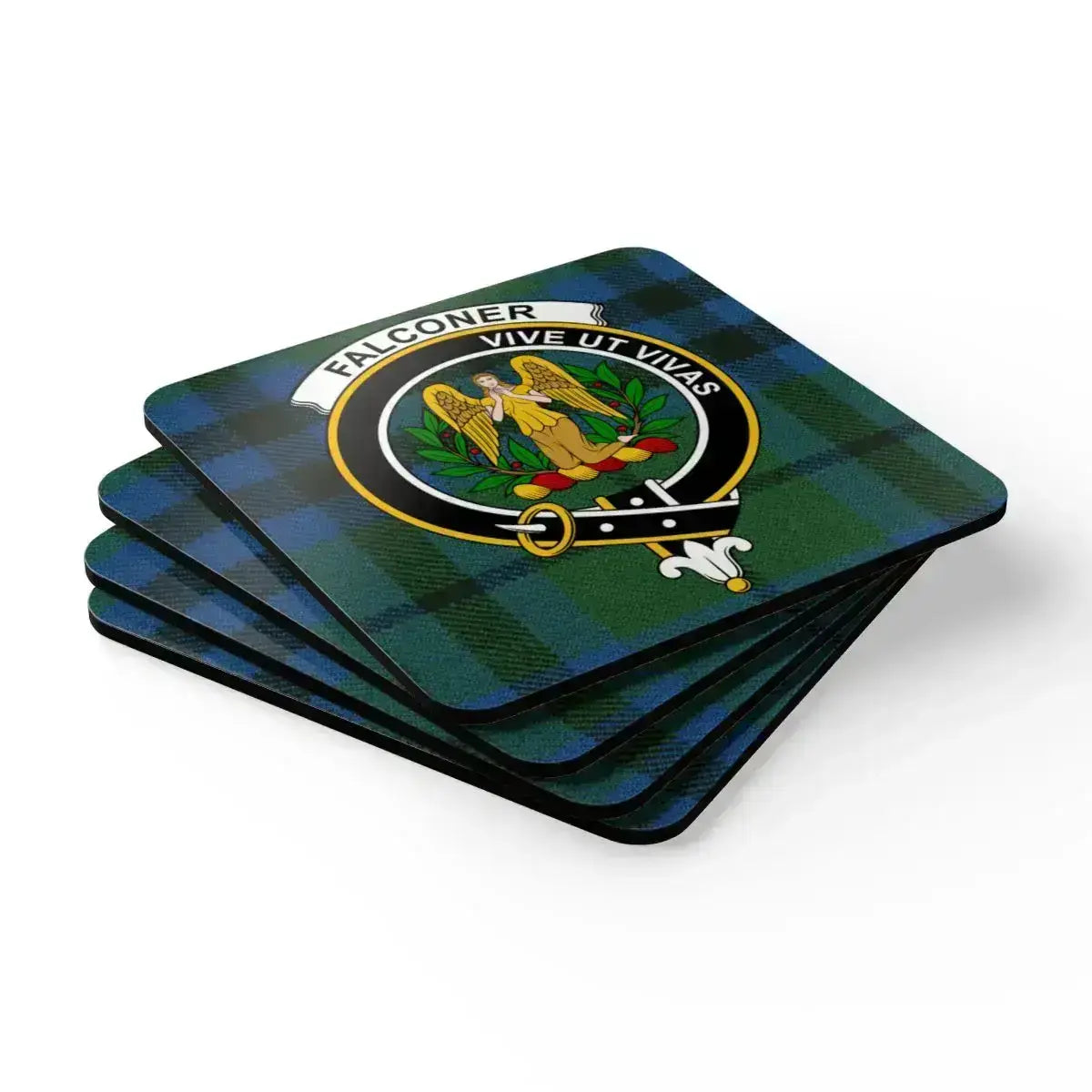 Falconer coaster set angled view — natural cork base, full-colour clan tartan and crest print