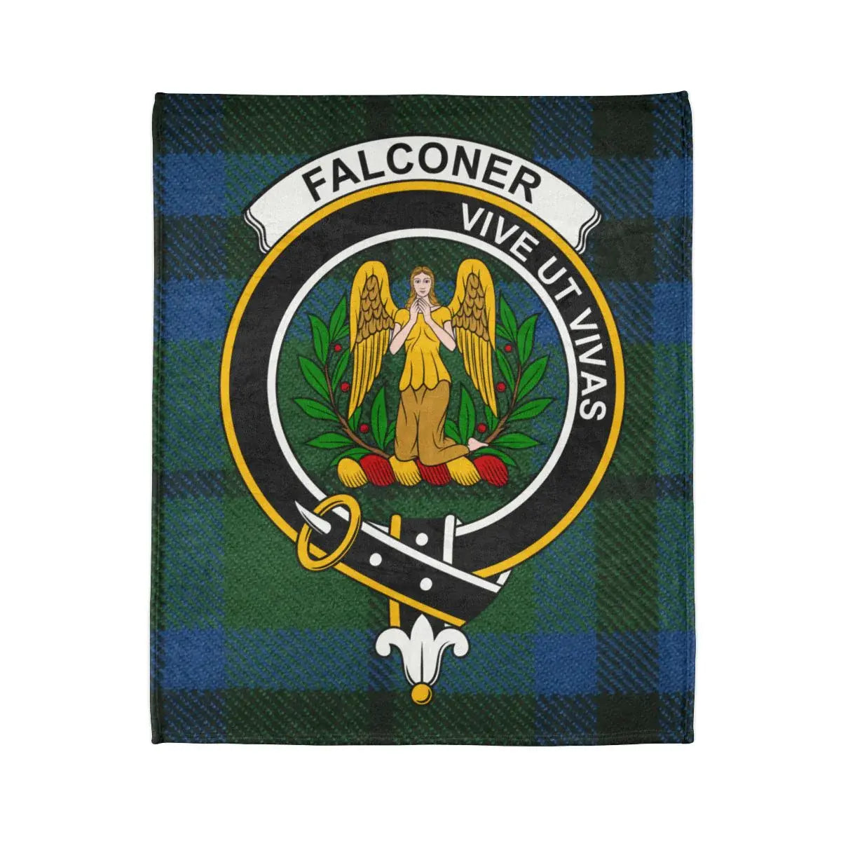 Falconer tartan throw blanket close-up — clan crest and motto Vive Ut Vivas in full colour