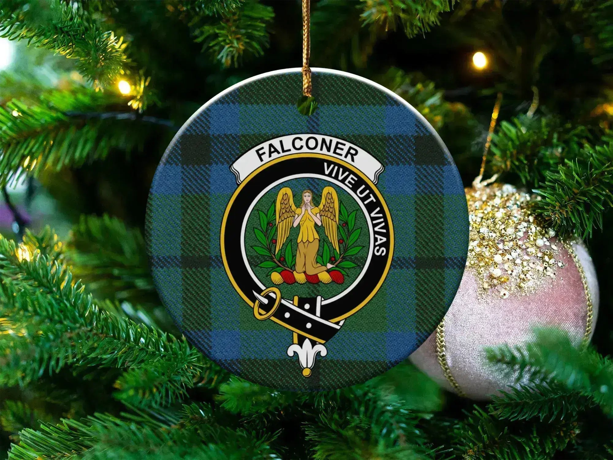 Clan Falconer round ceramic ornament — front view showing crest and tartan with gold hanging string
