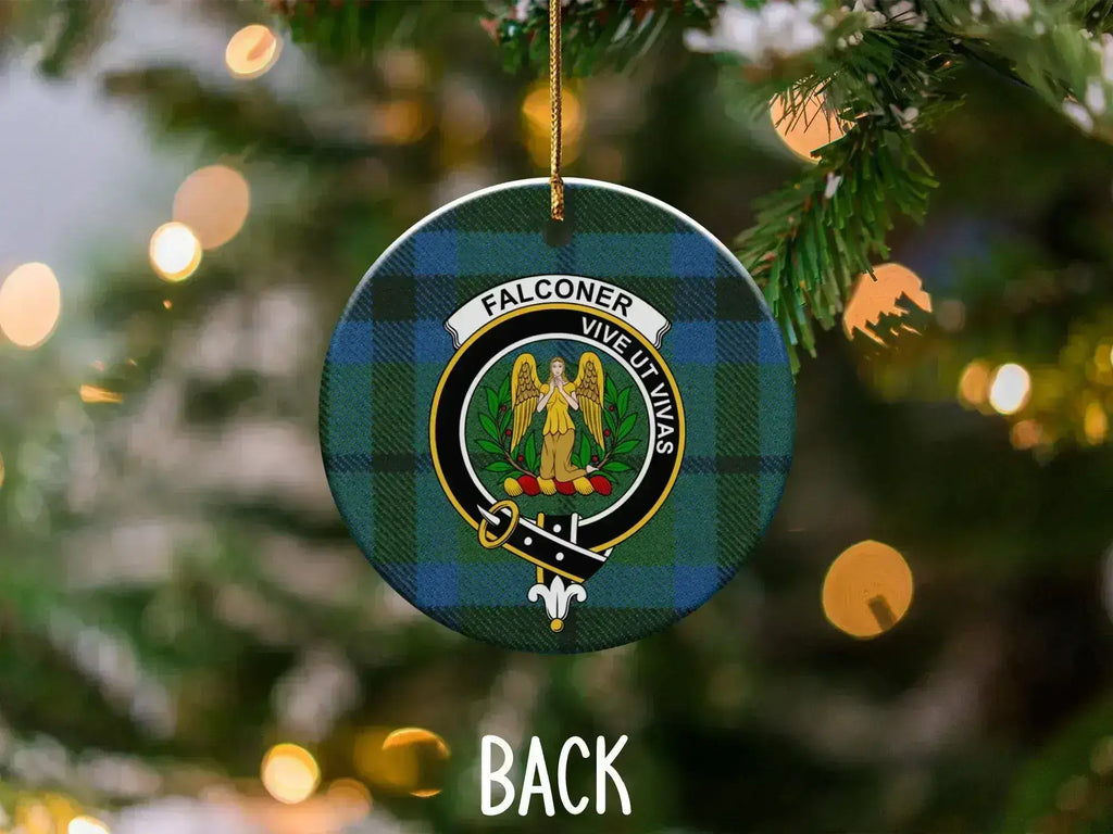 Falconer tartan ceramic ornament — 3 inch double-sided, clan crest and motto Vive Ut Vivas