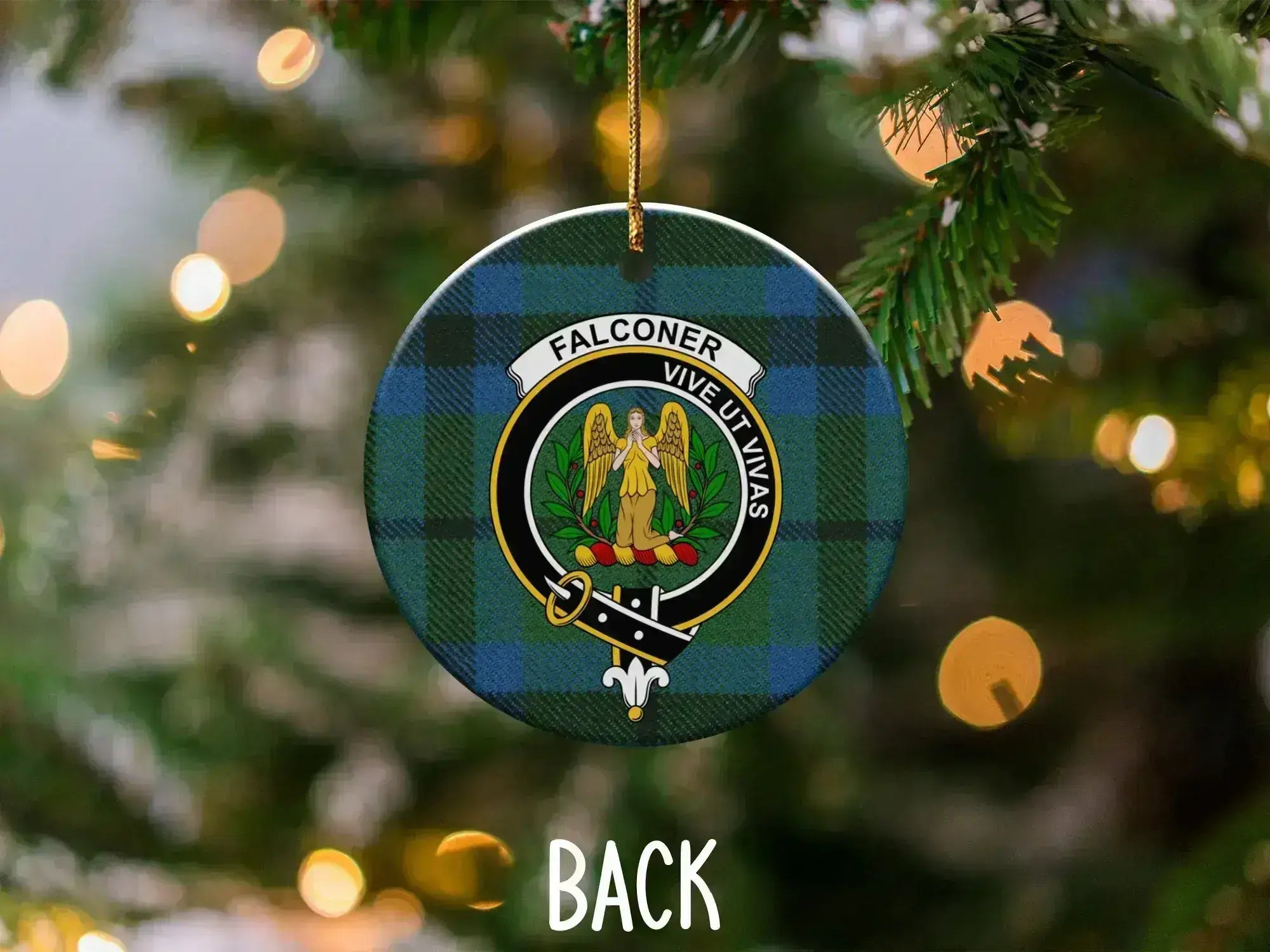 Falconer tartan ceramic ornament — 3 inch double-sided, clan crest and motto Vive Ut Vivas