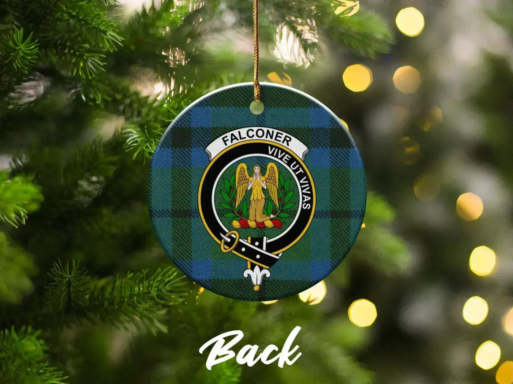 Clan Falconer Christmas ornament close-up — round ceramic, pre-drilled hole, tartan design