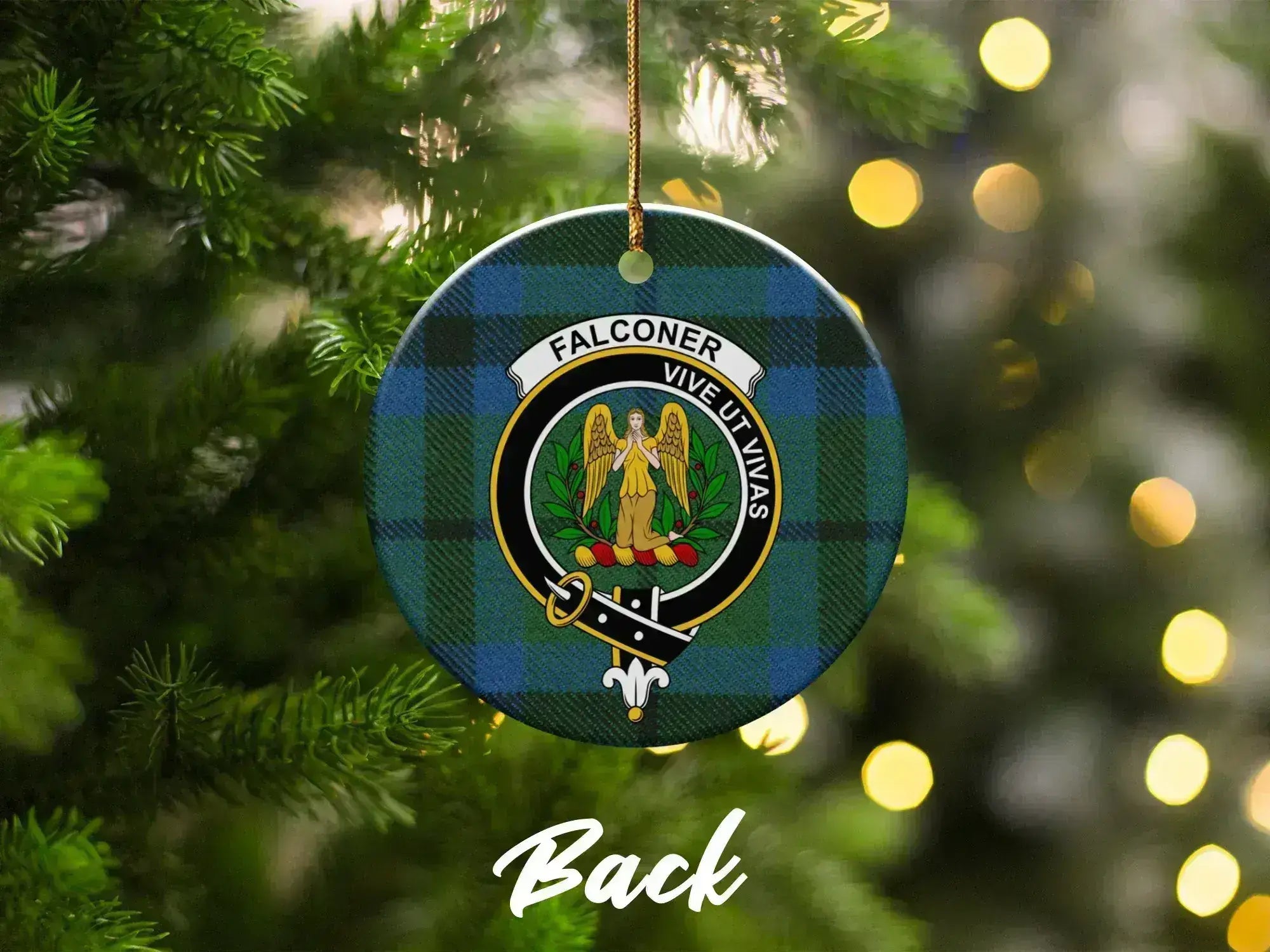 Clan Falconer Christmas ornament close-up — round ceramic, pre-drilled hole, tartan design