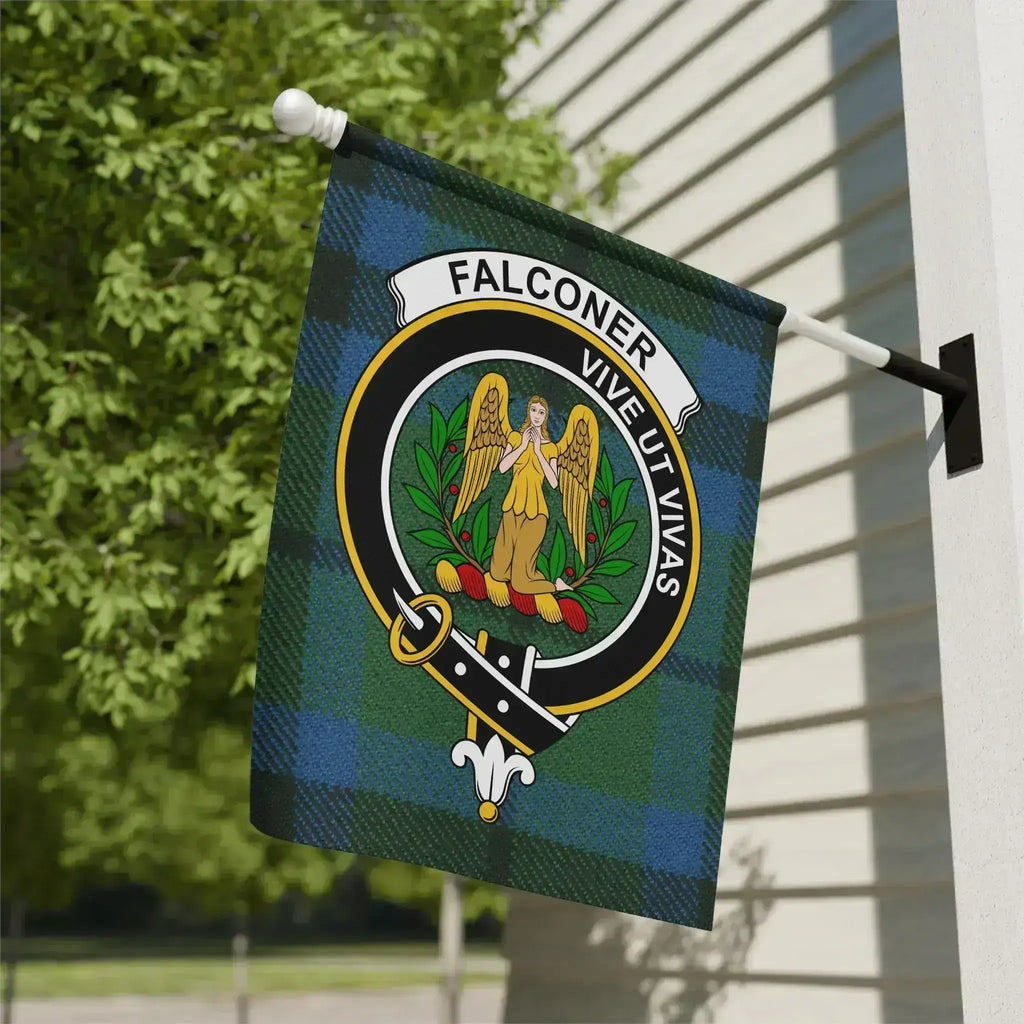 Clan Falconer tartan garden flag — 12x18 full-colour outdoor flag showing crest and motto Vive Ut Vivas
