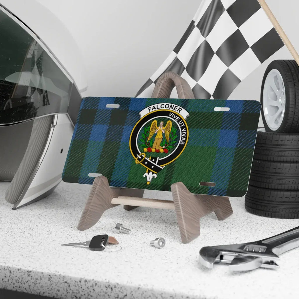 Clan Falconer tartan novelty license plate — 12x6 aluminium, crest and motto Vive Ut Vivas