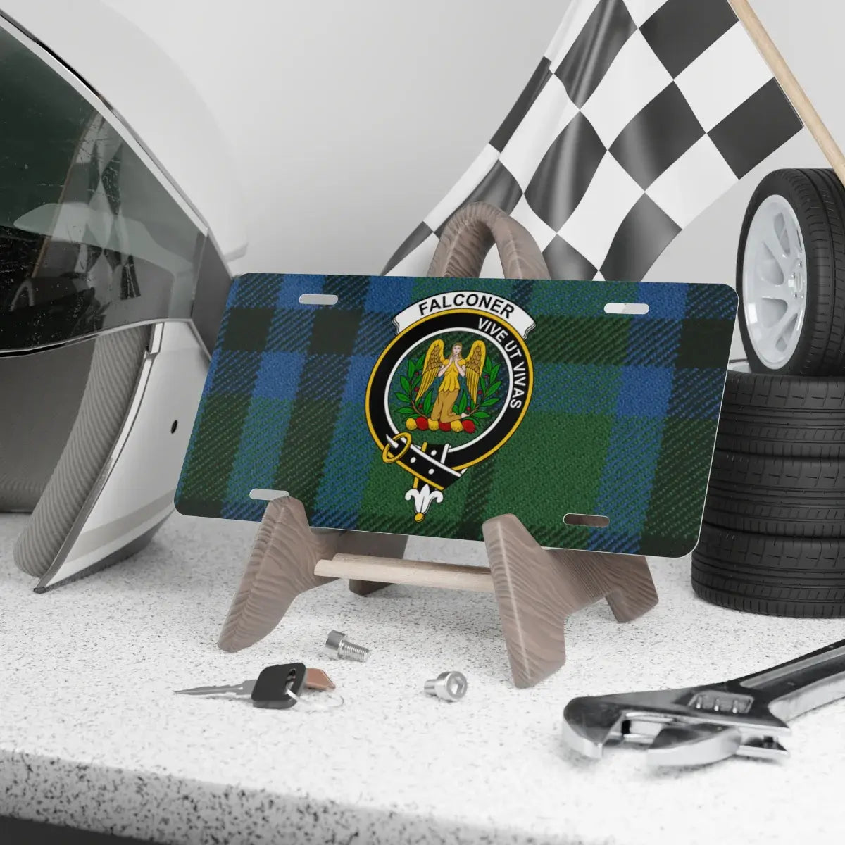 Clan Falconer tartan novelty license plate — 12x6 aluminium, crest and motto Vive Ut Vivas