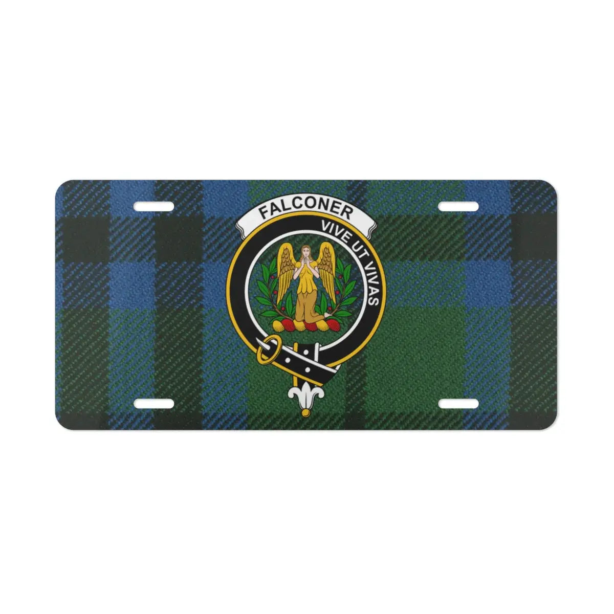 Clan Falconer Scottish tartan license plate — full-colour crest print, aluminium, wall display