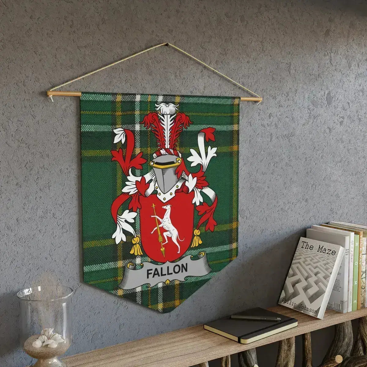 Fallon Irish family crest pennant on the Irish National Tartan