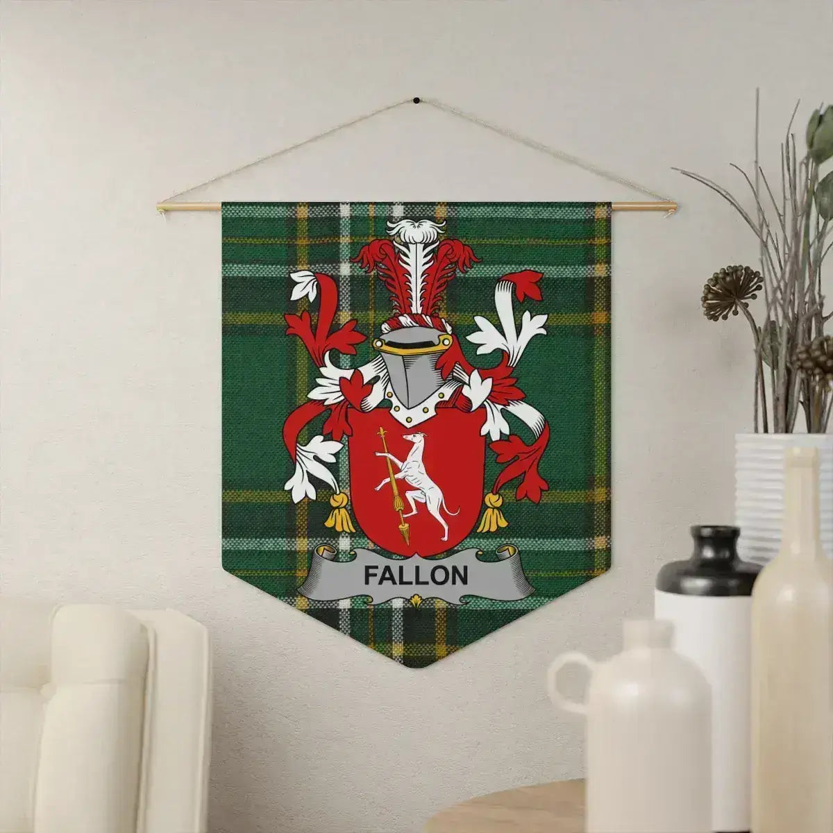 Fallon Irish family crest wall pennant — tartan wall hanging display