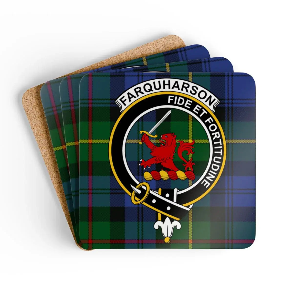Clan Farquharson tartan coaster set — square cork, full-colour crest print, top view