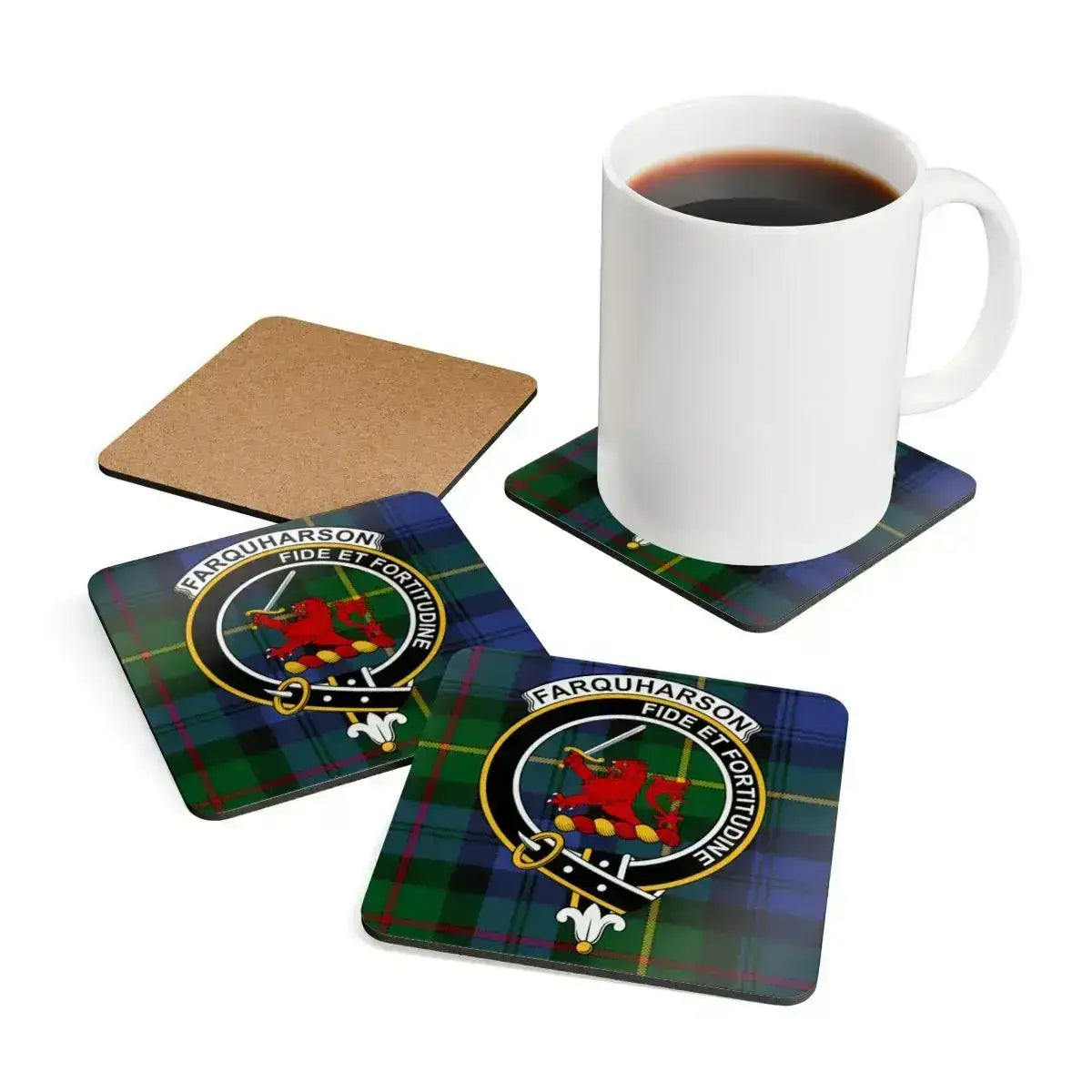 Clan Farquharson cork coaster close-up — crest design on tartan, 3.75 inch square