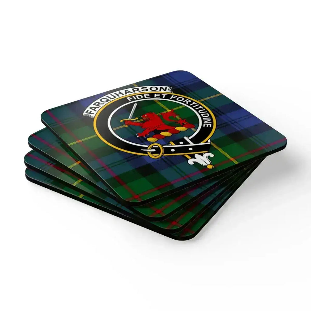 Farquharson coaster set angled view — natural cork base, full-colour clan tartan and crest print