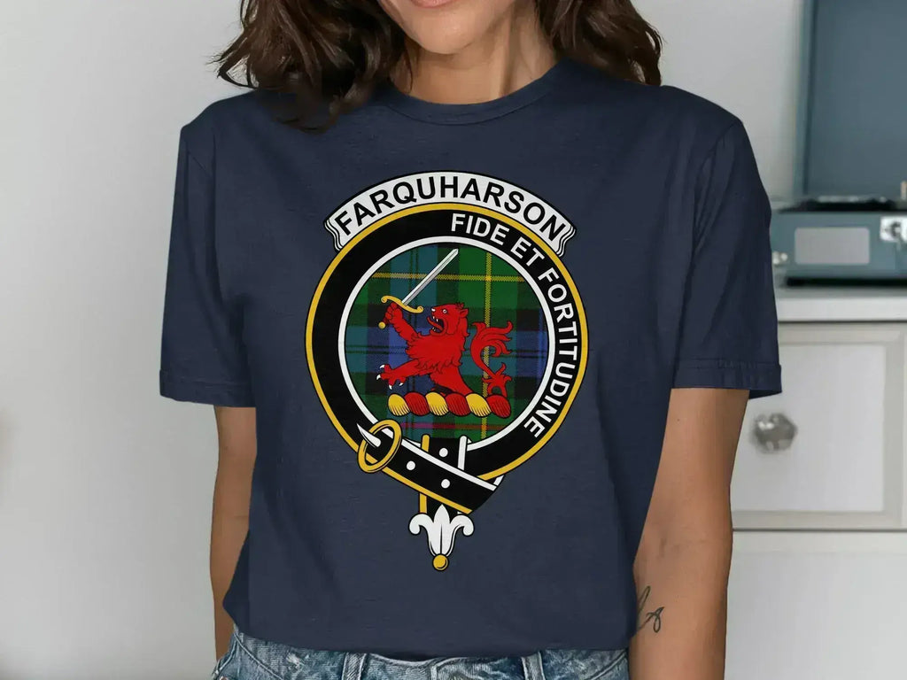 Farquharson clan crest tee in black — soft cotton, front graphic, relaxed unisex fit