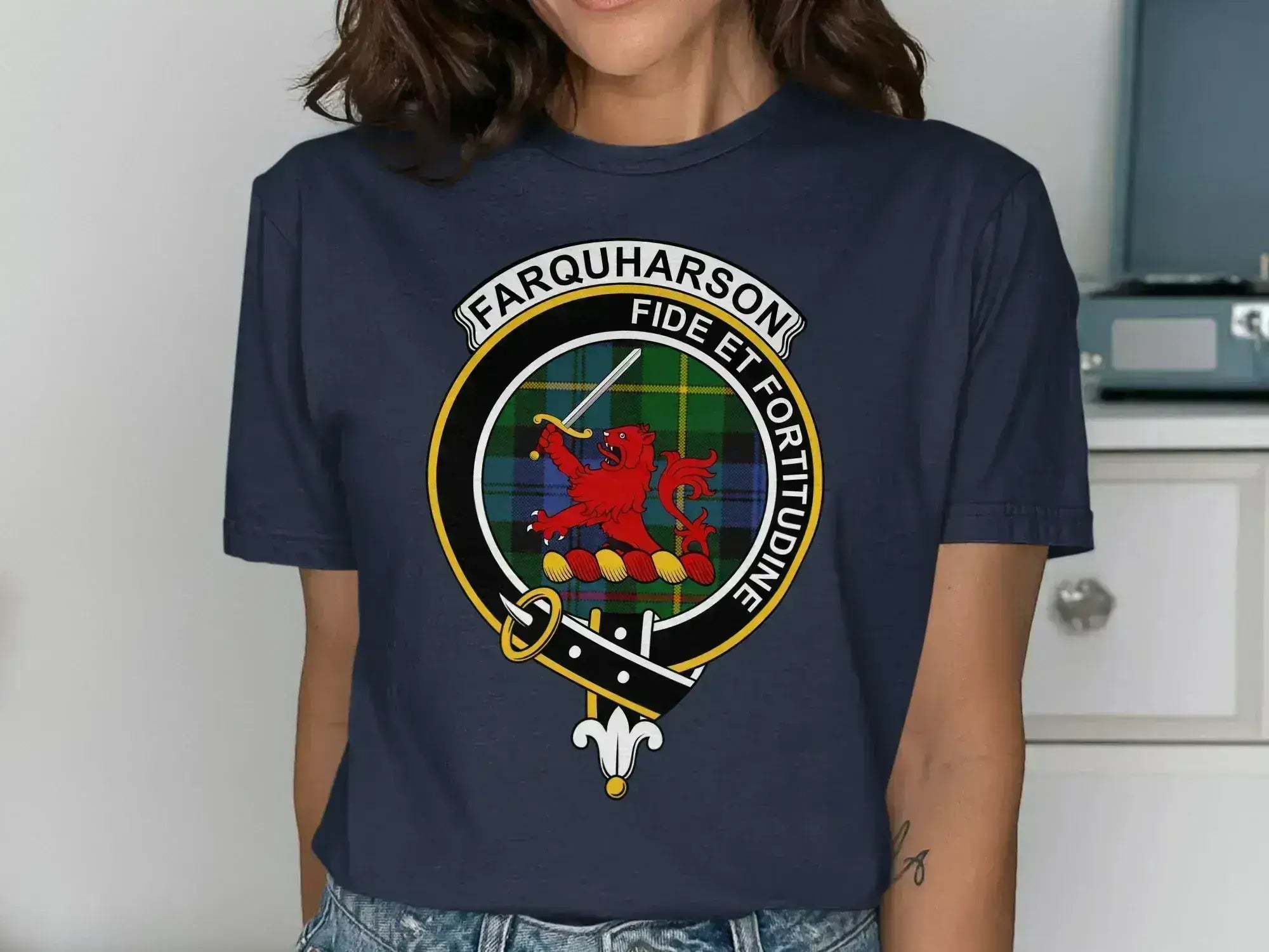 Farquharson clan crest tee in black — soft cotton, front graphic, relaxed unisex fit