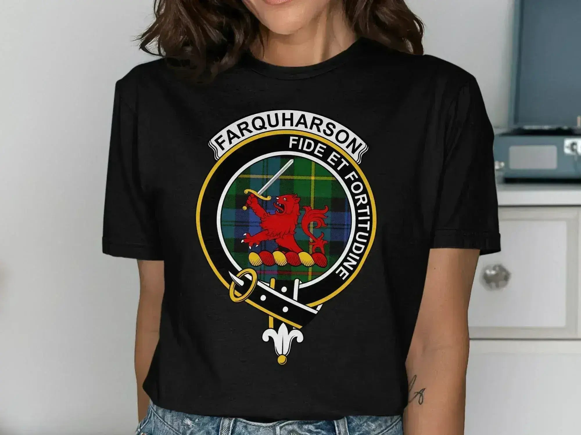 Farquharson clan crest t-shirt in black — front print showing lion crest detail, S to 3XL